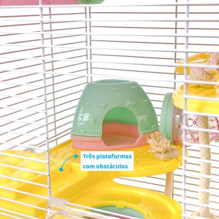 Imagem de Gaiola para Hamster multifuncioal, grande, três andares, com duas casas, roda giratória, túneis e cordas