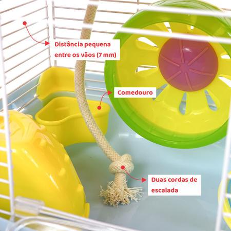 Imagem de Gaiola para Hamster multifuncional, dois andares, com duas casas, roda giratória, túneis e cordas