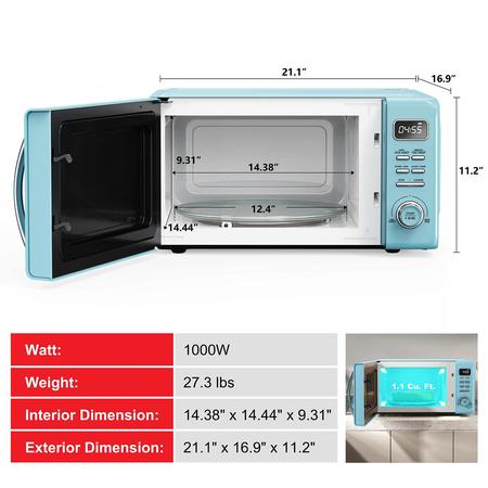 Imagem de Galanz GLCMKZ11BER10 Forno de micro-ondas de bancada retro com auto cozimento e reaquecimento, descongelamento, funções de início rápido, fácil limpeza com mesa giratória de vidro, puxador, 1,1 pés cúbicos, azul