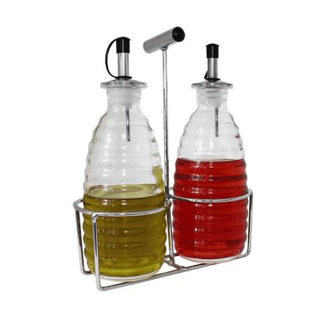 Galheteiro de vidro com suporte cromado 2 peças - Casa Ambiente Imagem de Galheteiro de vidro com suporte cromado 2 peças