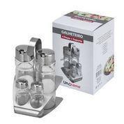 Galheteiro Em Aço Inox Com 4 Peças com Suporte. - Uny Home Imagem de Galheteiro Em Aço Inox Com 4 Peças com Suporte.