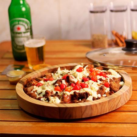 Imagem de Gamela de Madeira Redonda Com Tampa Petiscos Pizza - 36,5cm
