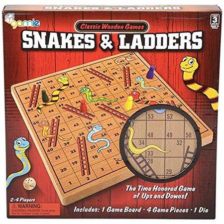 Gamie Wooden Snakes and Ladders Board Game, Conjunto Completo com