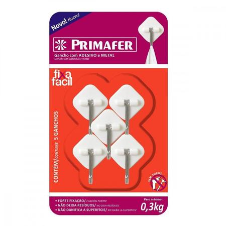 Imagem de Gancho Adesivo Primafer Branco Plastico/Metal 0,3 Kg 5Peca Losango Pr2561