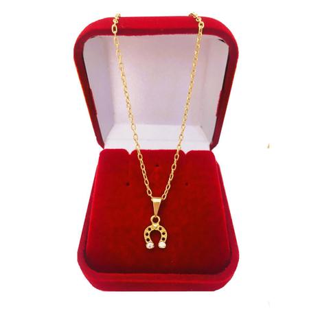 Imagem de Gargantilha Colar Feminino Folheado a Ouro 18 k Pingente Ferradura Cavalo Country Zircônias Cravejadas