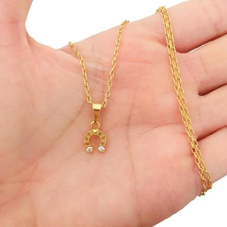 Imagem de Gargantilha Colar Feminino Folheado a Ouro 18 k Pingente Ferradura Cavalo Country Zircônias Cravejadas