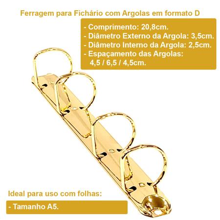 Imagem de Garra para Fichário A5 - 04 Argolas D 25MM - Dourada (Gold)