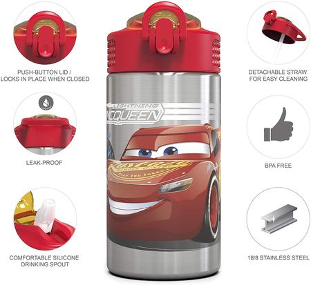 Imagem de Garrafa infantil Disney Cars 3 inox: tampa com ação de uma mão e bico de palha (15,141ml, livre de BPA)