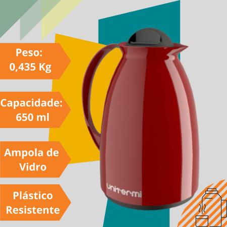 Imagem de Garrafa Térmica 650ml Florença Pequena Com Alça Tampa de Rosca Ampola de Vidro Unitermi