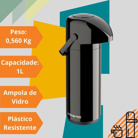 Imagem de Garrafa Térmica De Mesa 1 Litro de Pressão com alça Ampola de Vidro Verona Unitermi Resistente