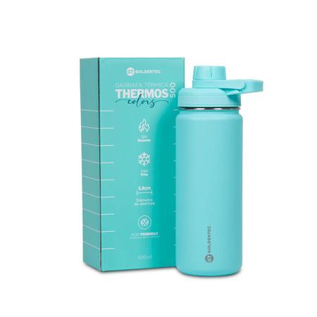 Imagem de Garrafa Térmica Goldentec GT Colors Inox 500ml Azul Claro para bebidas quentes ou frias com tampa com bico e base emborrachada