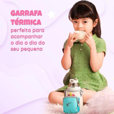 Imagem de Garrafa Térmica Infantil Bebe Escolar Parede Dupla Inox 550ml 2em1 + Suporte Rosa