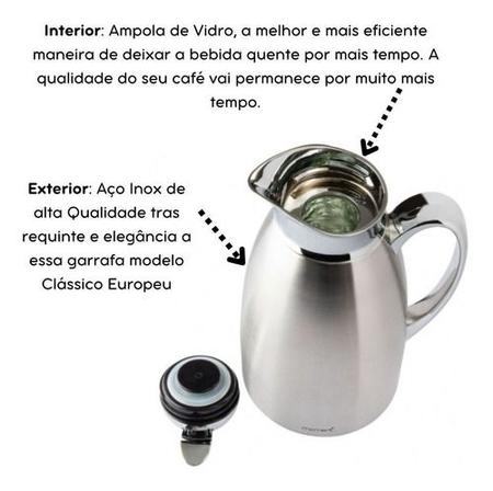 Garrafa Térmica Inox Jarra Ampola Vidro Café Quente Luxo 1L - Losanshop