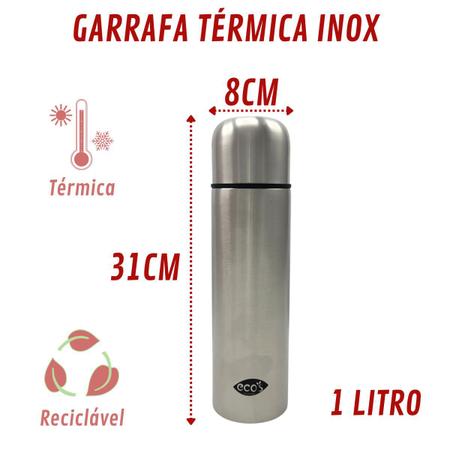 Garrafa Térmica Portátil Água Inox Tampa Copo Suco 1L - 3 un