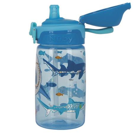 Imagem de Garrafinha de Água Menino 18m Trava Botão 415ml Nûby Infantil Divertida Tubarão Azul Glitter