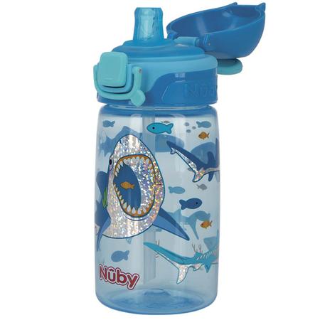 Imagem de Garrafinha de Água Menino 18m Trava Botão 415ml Nûby Infantil Divertida Tubarão Azul Glitter
