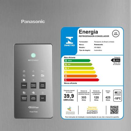 Imagem de Geladeira Panasonic  Frost Free 425L A+++ Aço Escovado - NR-BB53PV3X