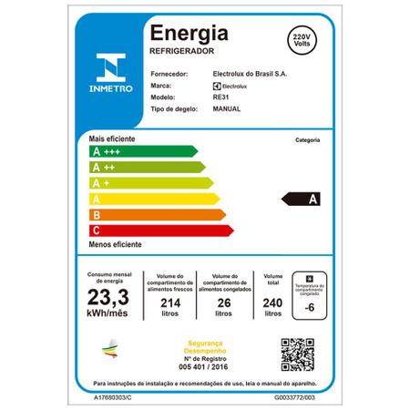 Imagem de Geladeira / Refrigerador Cycle Defrost Electrolux RE31, 240 litros, Branca