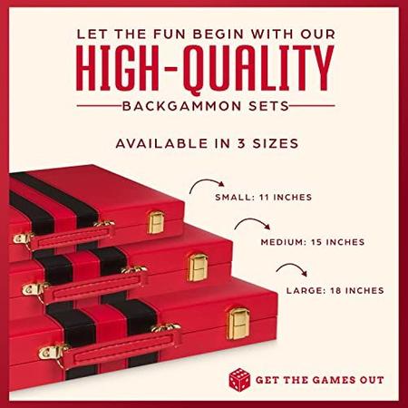 Imagem de Get The Games Out Top Backgammon Set - Classic Board Game Case - Melhor Guia de Estratégia e Dicas - Disponível em Tamanhos Pequenos, Médios e Grandes (Vermelho, Grande)