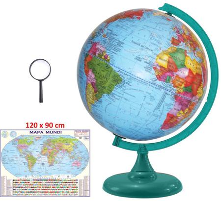 Imagem de Globo Terrestre Político Verde Turquesa 30cm Diâmetro Com Mapa Mundi Gigante E Lupa