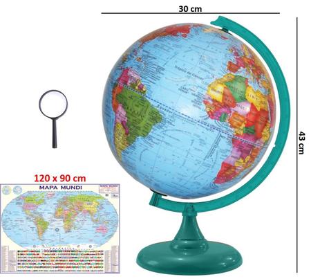 Imagem de Globo Terrestre Político Verde Turquesa 30cm Diâmetro Com Mapa Mundi Gigante E Lupa