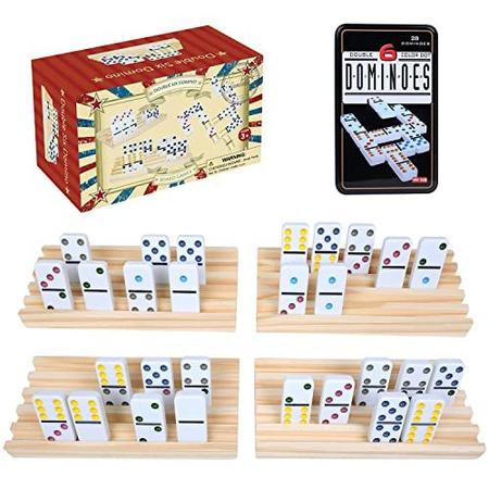 Imagem de Gothink Double Six Dominoes com 4pcs Bandejas de Madeira / Racks / Suportes, 28 Telhas Coloridas Pontos Dominó Game Set com Caixa de Estanho, Jogos de Tabuleiro Familiares Clássicos para Crianças, Adultos e Famílias para 2-4 Jogadores