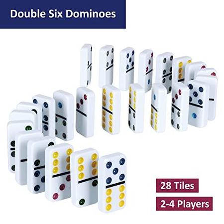 Imagem de Gothink Double Six Dominoes com 4pcs Bandejas de Madeira / Racks / Suportes, 28 Telhas Coloridas Pontos Dominó Game Set com Caixa de Estanho, Jogos de Tabuleiro Familiares Clássicos para Crianças, Adultos e Famílias para 2-4 Jogadores