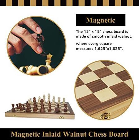 Imagem de Gothink Wooden Magnetic Chess Set Jogos de tabuleiro portáteis Folding Chessboard15 "x15" Jogo de quebra-cabeça com 32 madeira maciça ajedrez peça de xadrez para adultos e crianças Viagem Família Jogo Presente