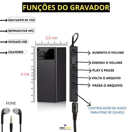 Imagem de Gravador Voz Som Chaveiro Espiao Micro Escuta 32g V12