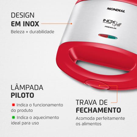 Imagem de Grill e Sanduicheira Mondial Inox Red S-19