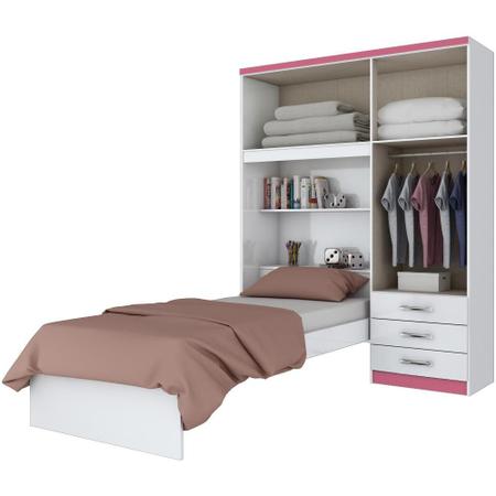 Imagem de Guarda-roupa 4 Portas com Cama Solteiro Embutida Henn Cravo - Branco e Branco/Rosa Cha