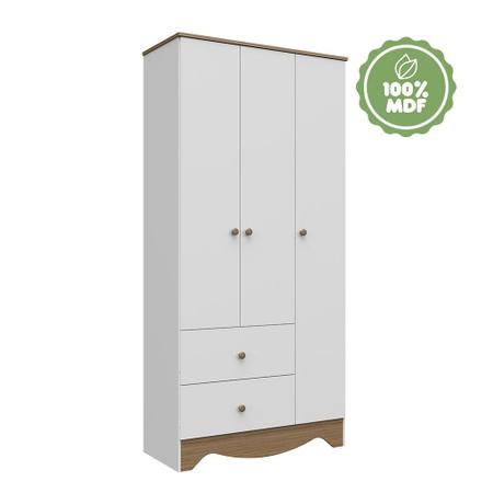 Imagem de Guarda Roupa Armário Roupeiro Bebê Infantil Em MDF 3 Portas 2 Gavetas Quarto Peroba Branco e Marrom