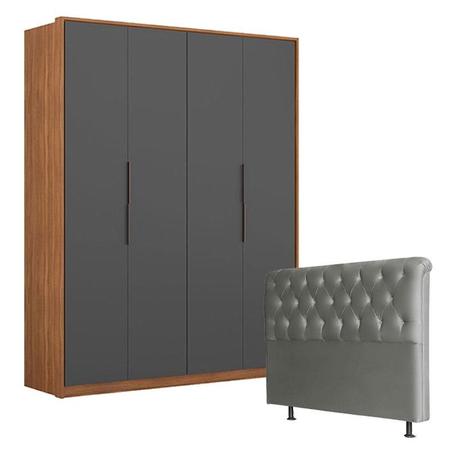 Imagem de Guarda Roupa Attore 4 Portas Amêndola Grafito e Cabeceira Emilia 160 cm Cinza  Demartêz