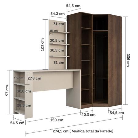 Guarda Roupa Canto Closet sem Portas 4 Peças, Prateleiras e Bancada com Painel Prime Luciane Móveis - Kit Imagem de Guarda Roupa Canto Closet sem Portas 4 Peças, Prateleiras e Bancada com Painel Prime Luciane Móveis