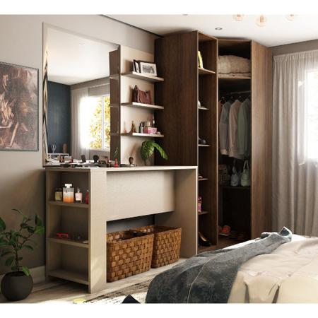 Guarda Roupa Canto Closet sem Portas 4 Peças, Prateleiras e Bancada com Painel Prime Luciane Móveis - Kit Imagem de Guarda Roupa Canto Closet sem Portas 4 Peças, Prateleiras e Bancada com Painel Prime Luciane Móveis