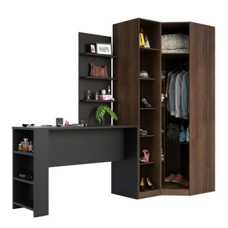 Guarda Roupa Canto Closet sem Portas 4 Peças, Prateleiras e Bancada com Painel Prime Luciane Móveis - Kit Imagem de Guarda Roupa Canto Closet sem Portas 4 Peças, Prateleiras e Bancada com Painel Prime Luciane Móveis