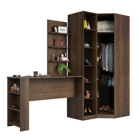 Guarda Roupa Canto Closet sem Portas 4 Peças, Prateleiras e Bancada com Painel Prime Luciane Móveis - Kit Imagem de Guarda Roupa Canto Closet sem Portas 4 Peças, Prateleiras e Bancada com Painel Prime Luciane Móveis