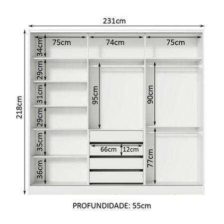 Imagem de Guarda Roupa Casal 100% MDF Madesa Royale 3 Portas de Correr com Espelhos - Branco