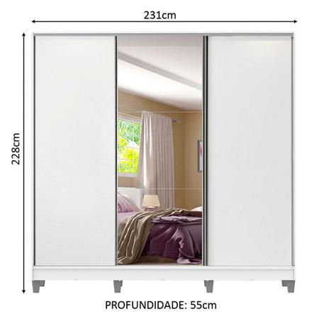 Imagem de Guarda Roupa Casal 100% MDF Madesa Zurique 3 Portas de Correr com Espelho com Pés - Branco