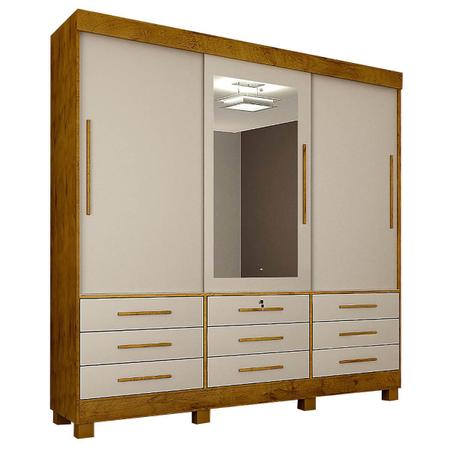 Imagem de Guarda Roupa Casal 3 Portas 9 Gavetas com Espelho Cor Cedro com Off White