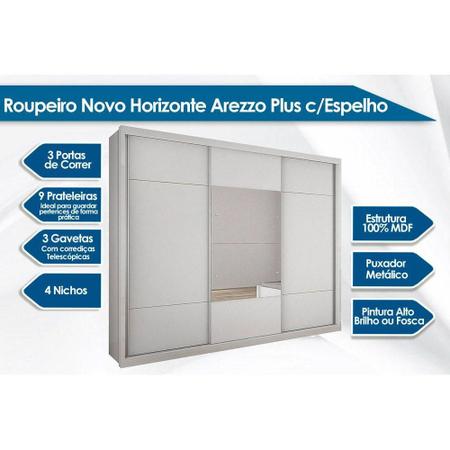 Imagem de Guarda Roupa Casal 3 Portas de Correr e 4 Gavetas c/ Espelho Arezzo Plus Branco - Novo Horizonte