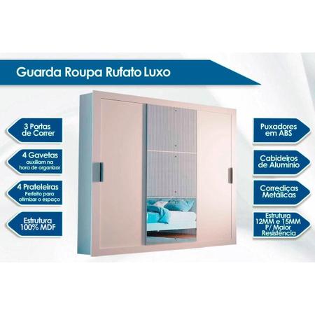 Imagem de Guarda Roupa Casal 3 Portas de Correr e 4 Gavetas c/ Espelho Veneza Luxo Branco - Rufato