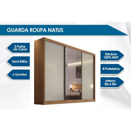 Imagem de Guarda Roupa Casal 3 Portas de Correr e 6 Gavetas c/ 1 Espelho Sollo Plus Cumaru - Novo Horizonte