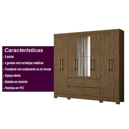 Imagem de Guarda Roupa Casal 8 Portas com Espelho e 4 gavetas Castanho Wood Belem - Moval
