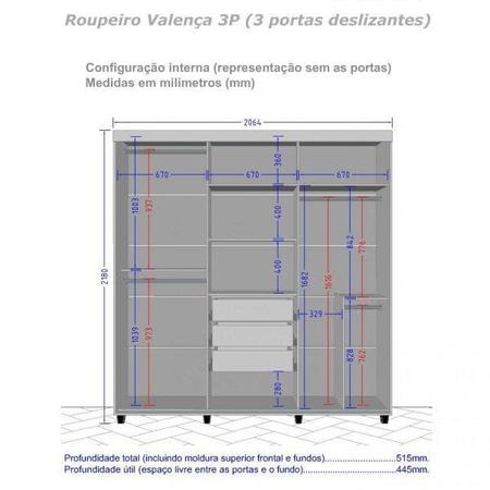 Imagem de Guarda-Roupa Casal com Espelho 3 Portas de Correr Valença Móveis Bechara