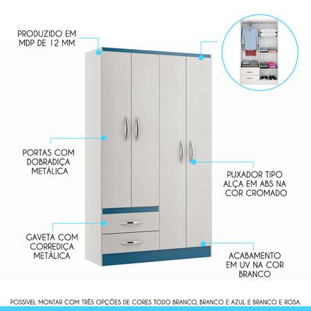 Imagem de Guarda-Roupa Infantil com 4 Portas 2 Gavetas 105 x 179 Cm MDP Branco Azul 2074 MENU