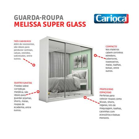 Imagem de Guarda-Roupa Melissa Glass 3 Portas De Correr Com Espelho Branco Carioca Móveis