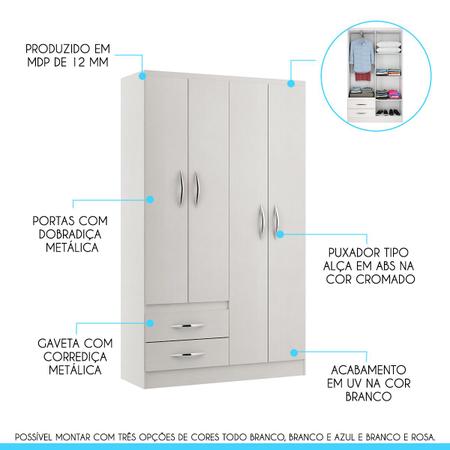 Imagem de Guarda-Roupa Pequeno com 4 Portas 2 Gavetas 105 x 179 x 40 MDP Branco 2074 MENU