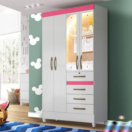 Imagem de Guarda Roupa Pequeno Com Espelho 4 Portas Infantil Branco Rosa Flex Stella Shop JM