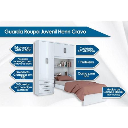 Imagem de Guarda Roupa Solteiro 4 Portas e 3 Gavetas c/ Cama Cravo Branco/Rosa - Henn